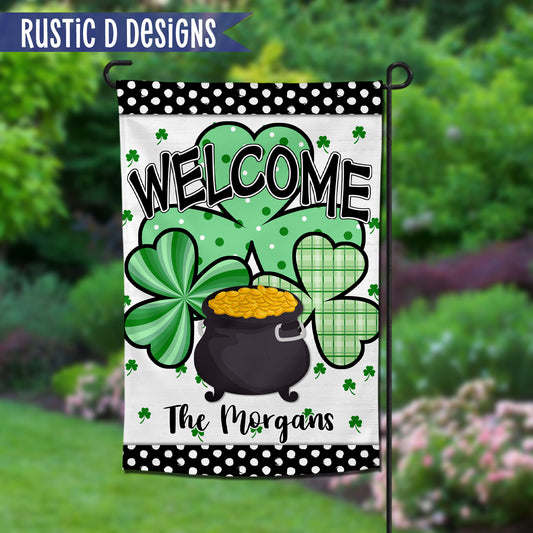 St. Patrick's Day Shamrocks Welcome Personalized Home Garden Flag 12"x18"