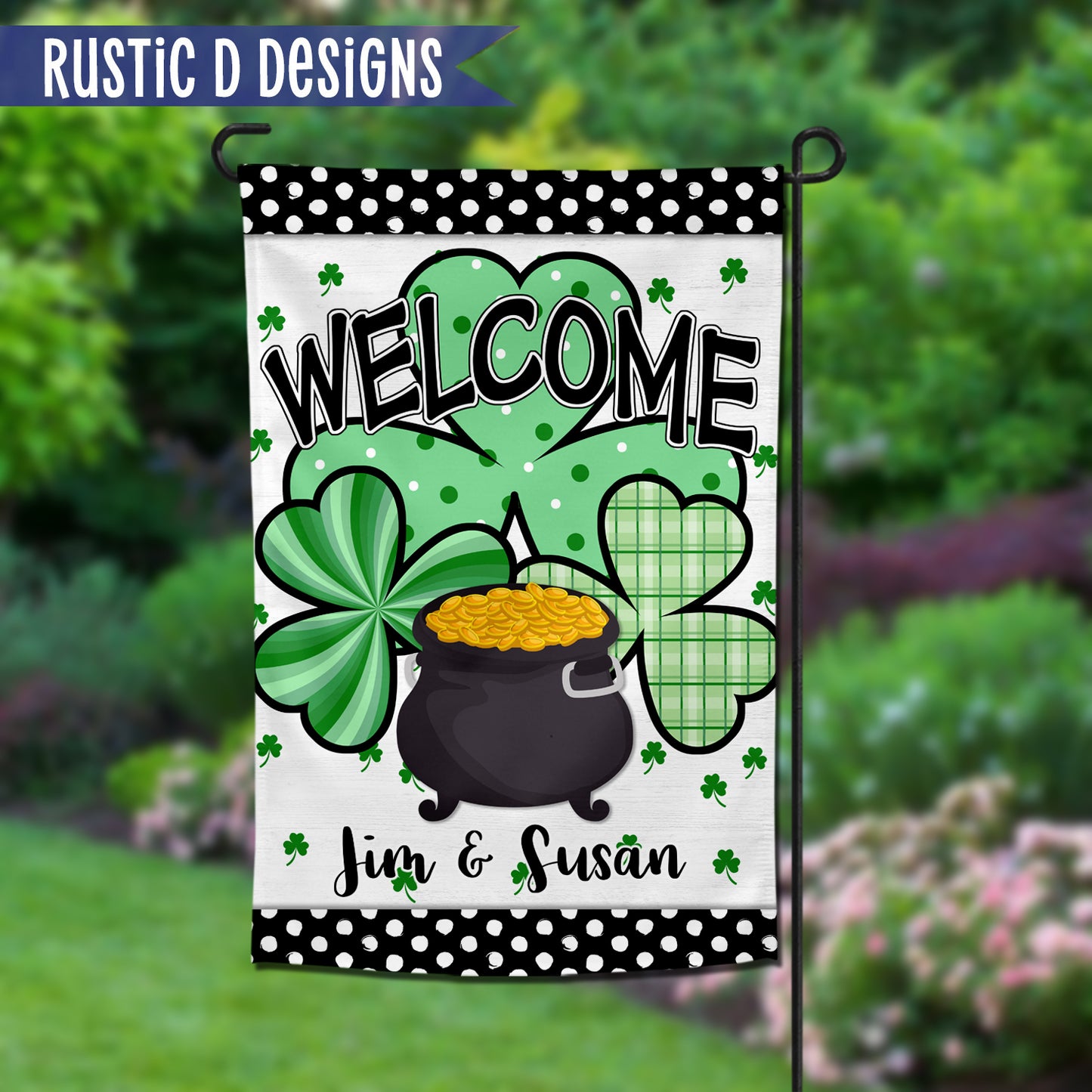 St. Patrick's Day Shamrocks Welcome Personalized Home Garden Flag 12"x18"