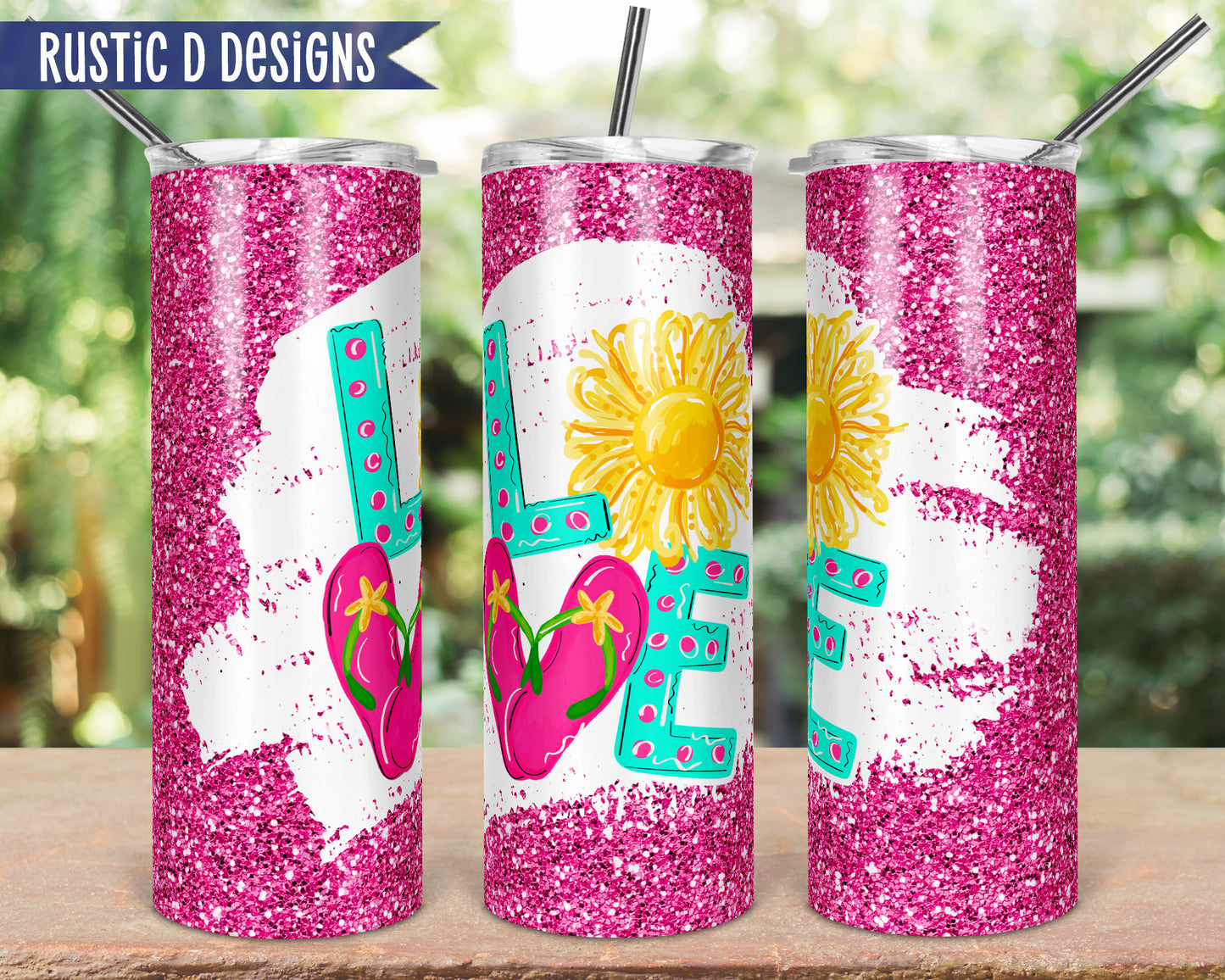 Summer Love Pink Glitter Effect 20oz Stainless Steel Skinny Tumbler