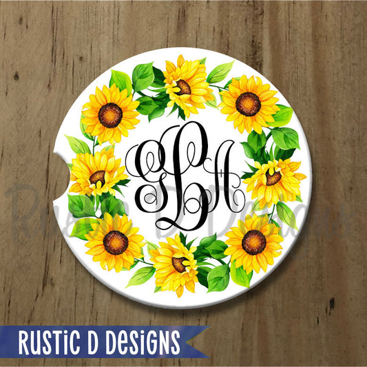 Sunflower Monogram Personalized Sandstone Car Coaster