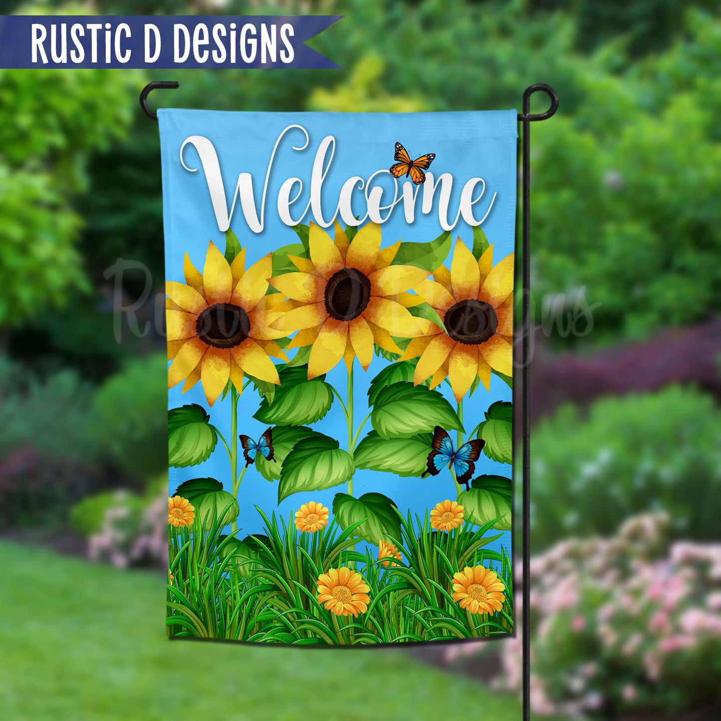 Sunflowers & Butterflies Personalized Welcome Garden Flag 12"x18"