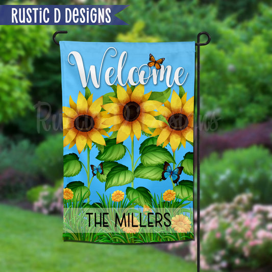 Sunflowers & Butterflies Personalized Welcome Garden Flag 12"x18"