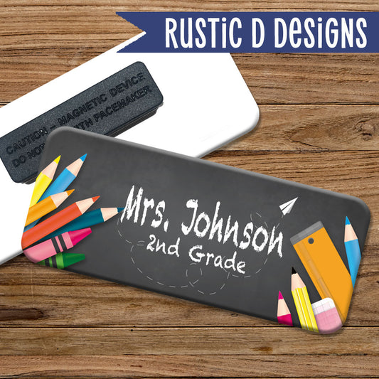 Teacher Blackboard Pencils Crayons Magnetic Name Badge