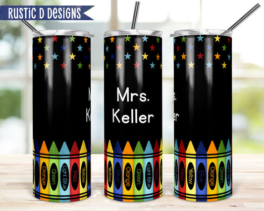 Teacher Crayons & Stars Personalized 20oz Stainless Steel Skinny Tumbler