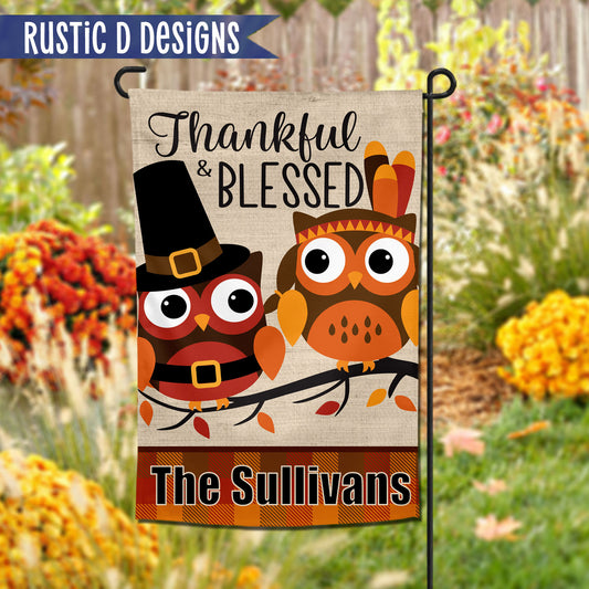 Thankful Blessed Owl Thanksgiving Fall Personalized Home Garden Flag 12"x18"