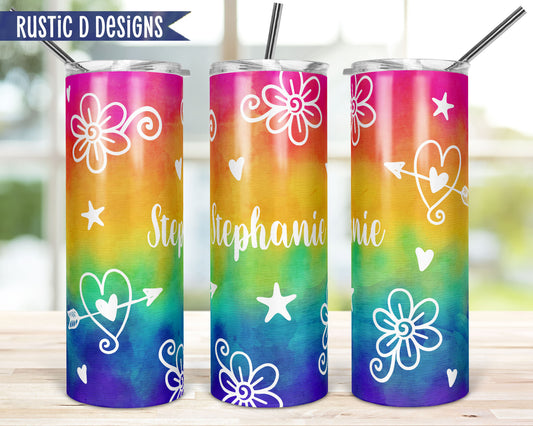 Tie Dye with Doodles Personalized 20oz Stainless Steel Skinny Tumbler