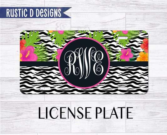 Tropical Zebra Monogram License Plate Car Tag
