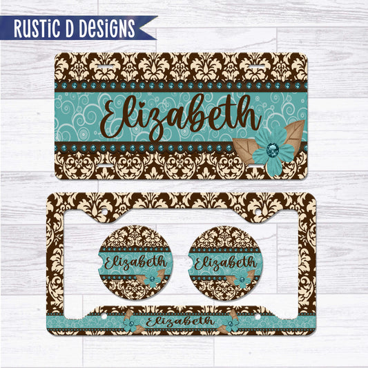 Turquoise Damask Personalized License Plate Auto Set