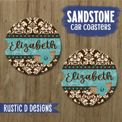 Turquoise Damask Personalized License Plate Auto Set