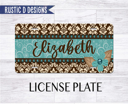 Turquoise Damask Personalized License Plate Auto Set