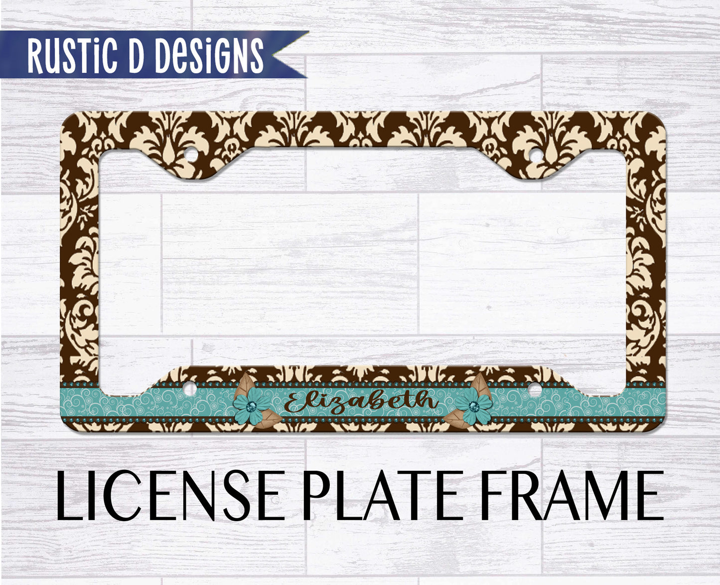 Turquoise Damask Personalized License Plate Auto Set