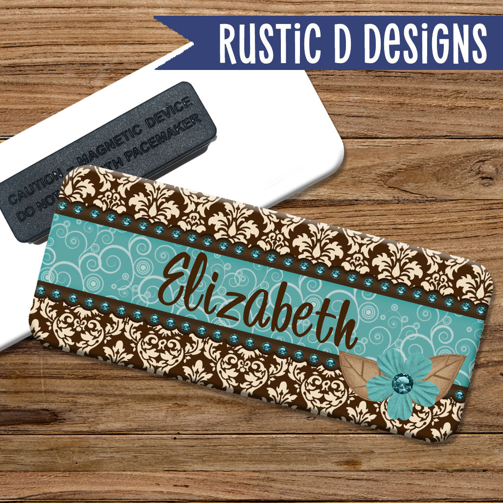 Turquoise Damask Magnetic Name Badge