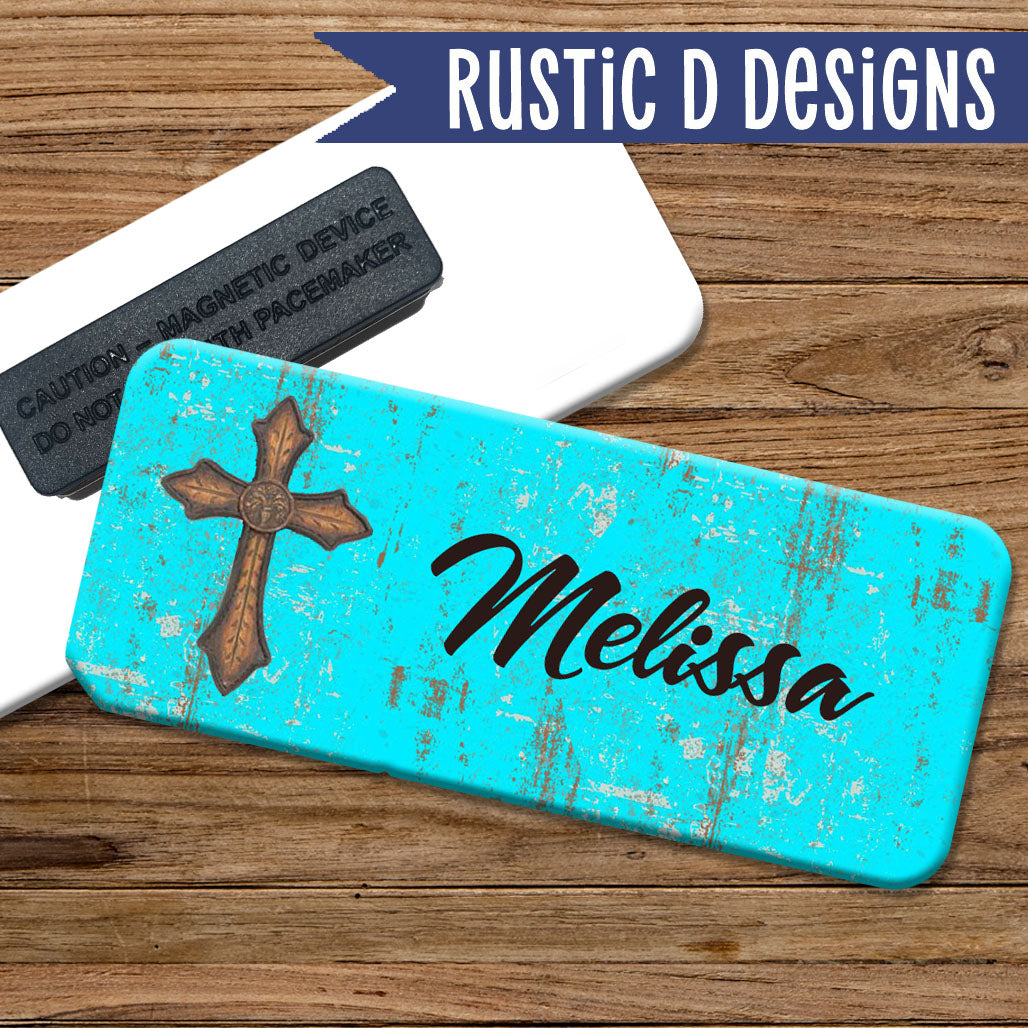 Turquoise Rustic Cross Magnetic Name Badge