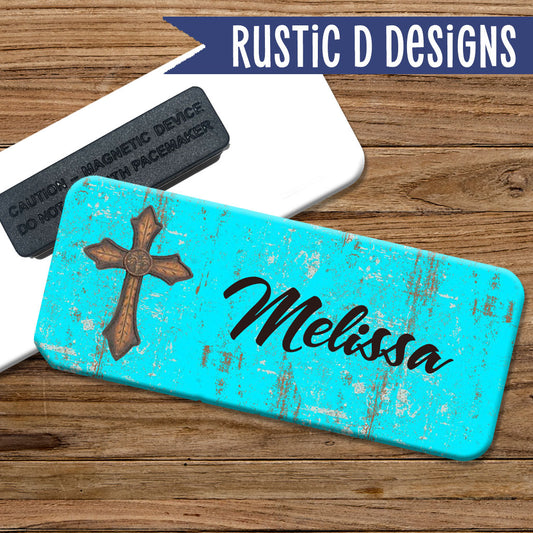 Turquoise Rustic Cross Magnetic Name Badge