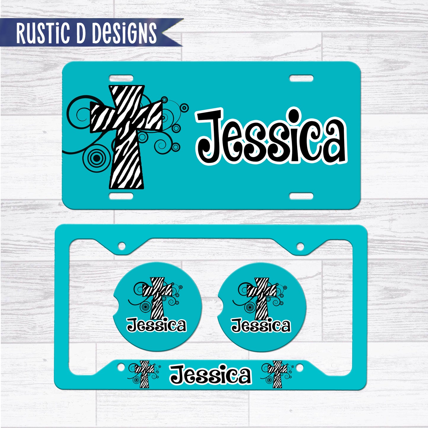 Turquoise Zebra Cross Personalized License Plate Auto Set