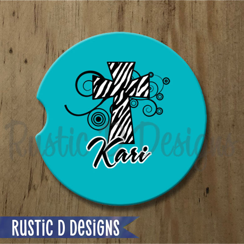 Turquoise Zebra Cross Personalized Sandstone Car Coaster