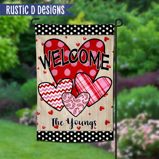 Valentine Hearts Welcome Personalized Home Garden Flag 12"x18"