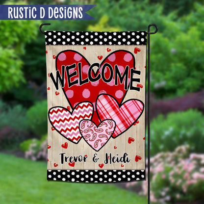 Valentine Hearts Welcome Personalized Home Garden Flag 12"x18"