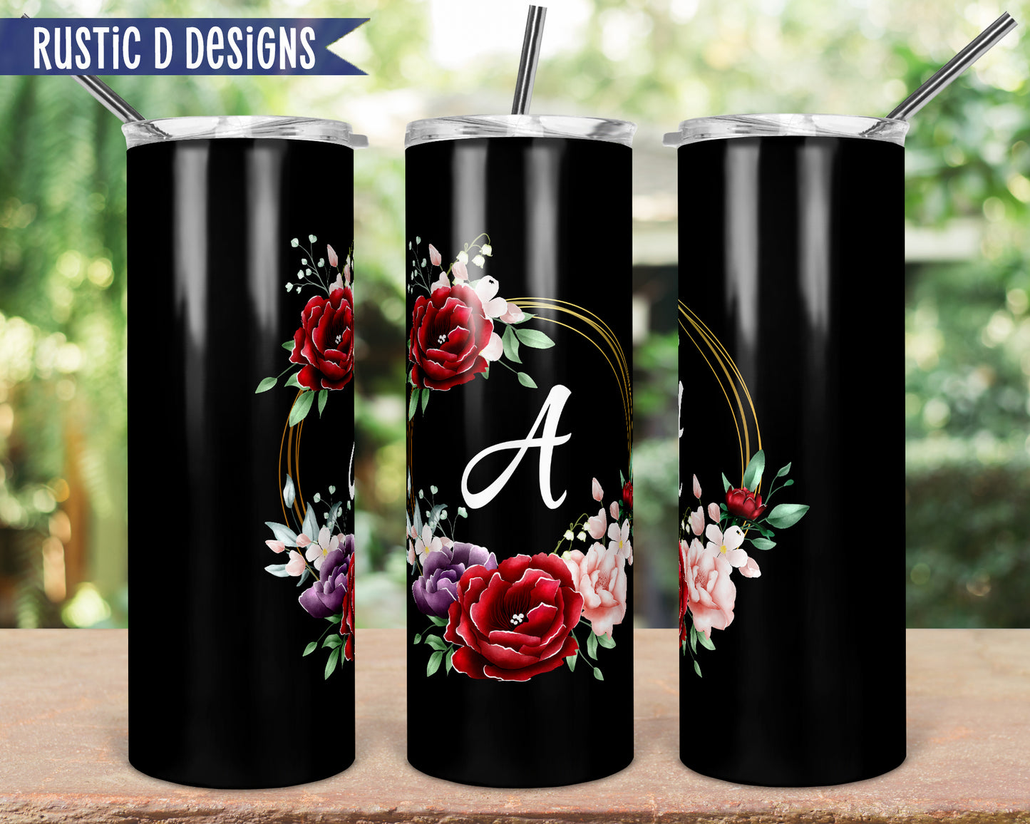 Vintage Floral Frame Black Personalized 20oz Stainless Steel Skinny Tumbler