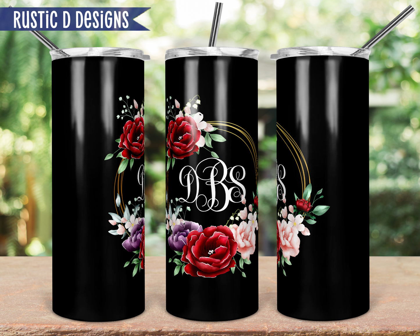 Vintage Floral Frame Black Personalized 20oz Stainless Steel Skinny Tumbler