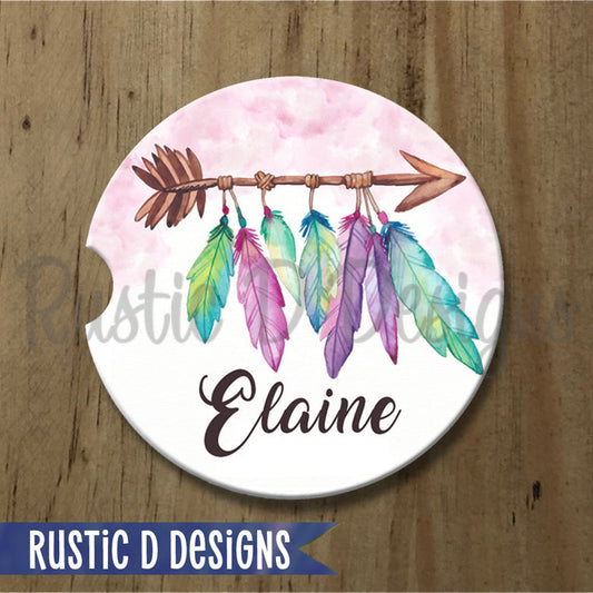Watercolor Arrow Feathers Personalized Sandstone Car Coaster