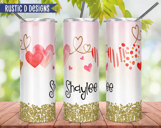 Watercolor Hearts & Glitter Personalized 20oz Stainless Steel Skinny Tumbler