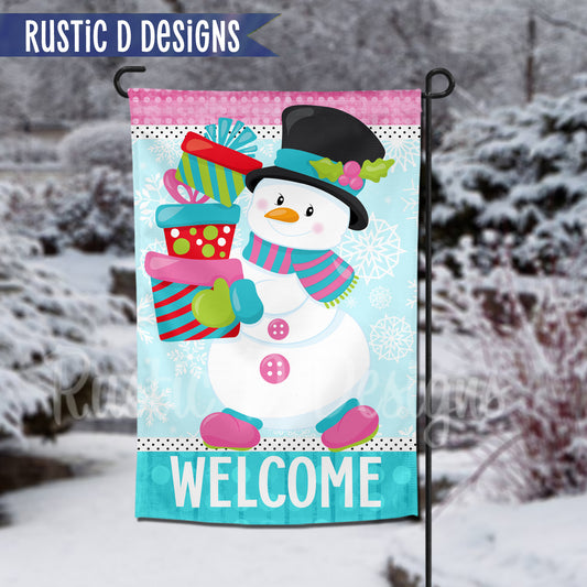 Welcome Pink Turquoise Snowman Home Garden Flag 12"x18"