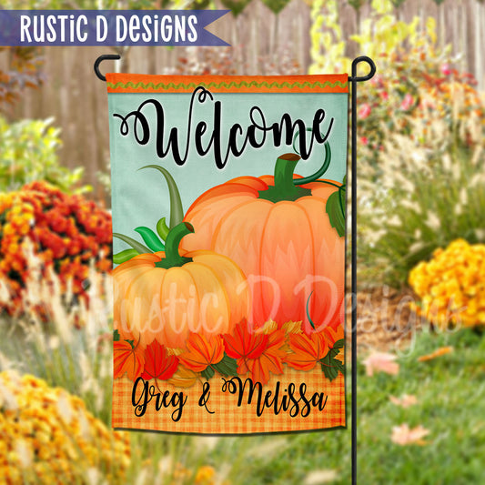 Welcome Pumpkins Fall Autumn Personalized Home Garden Flag 12"x18"