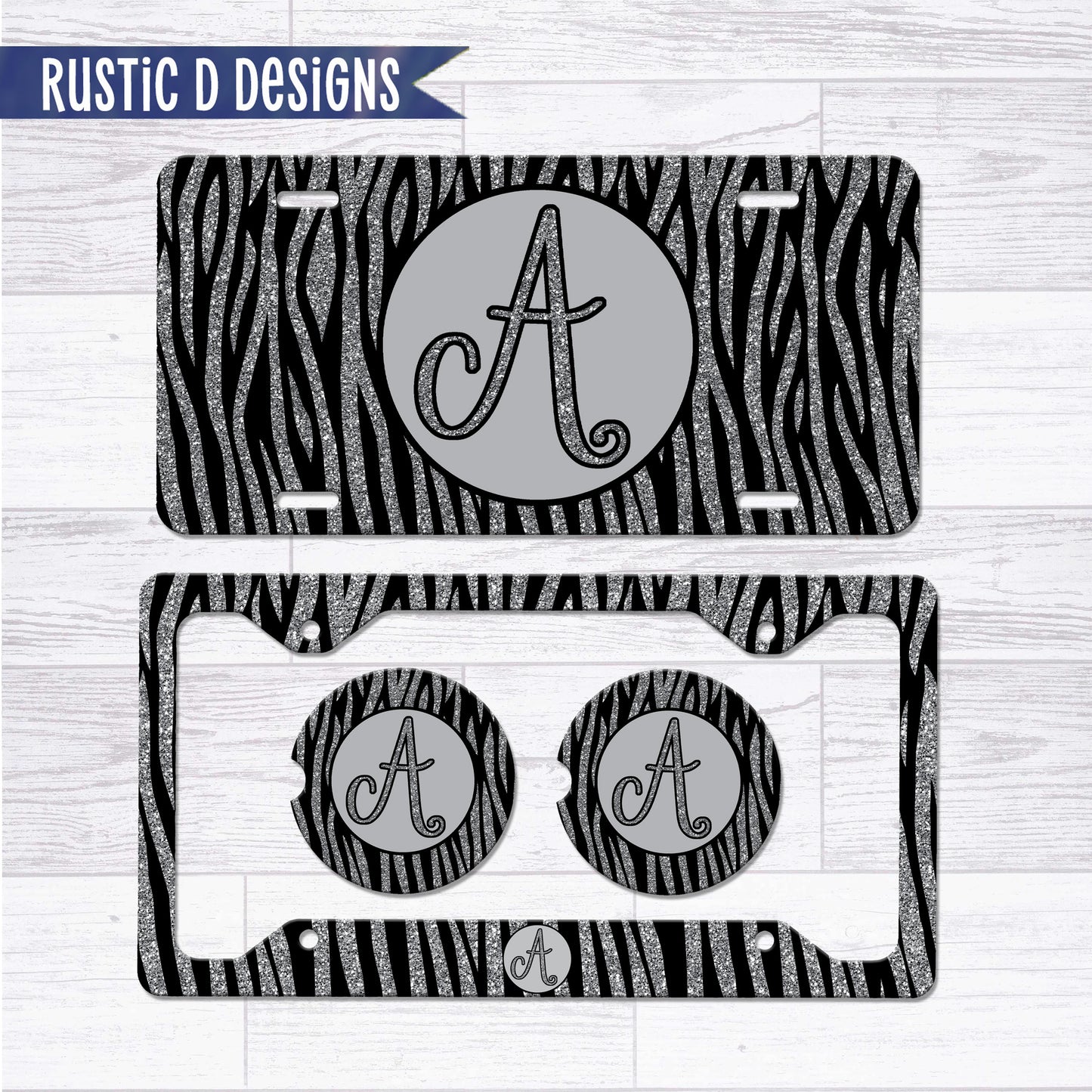 Zebra Glitter Effect Initial Personalized License Plate Auto Set