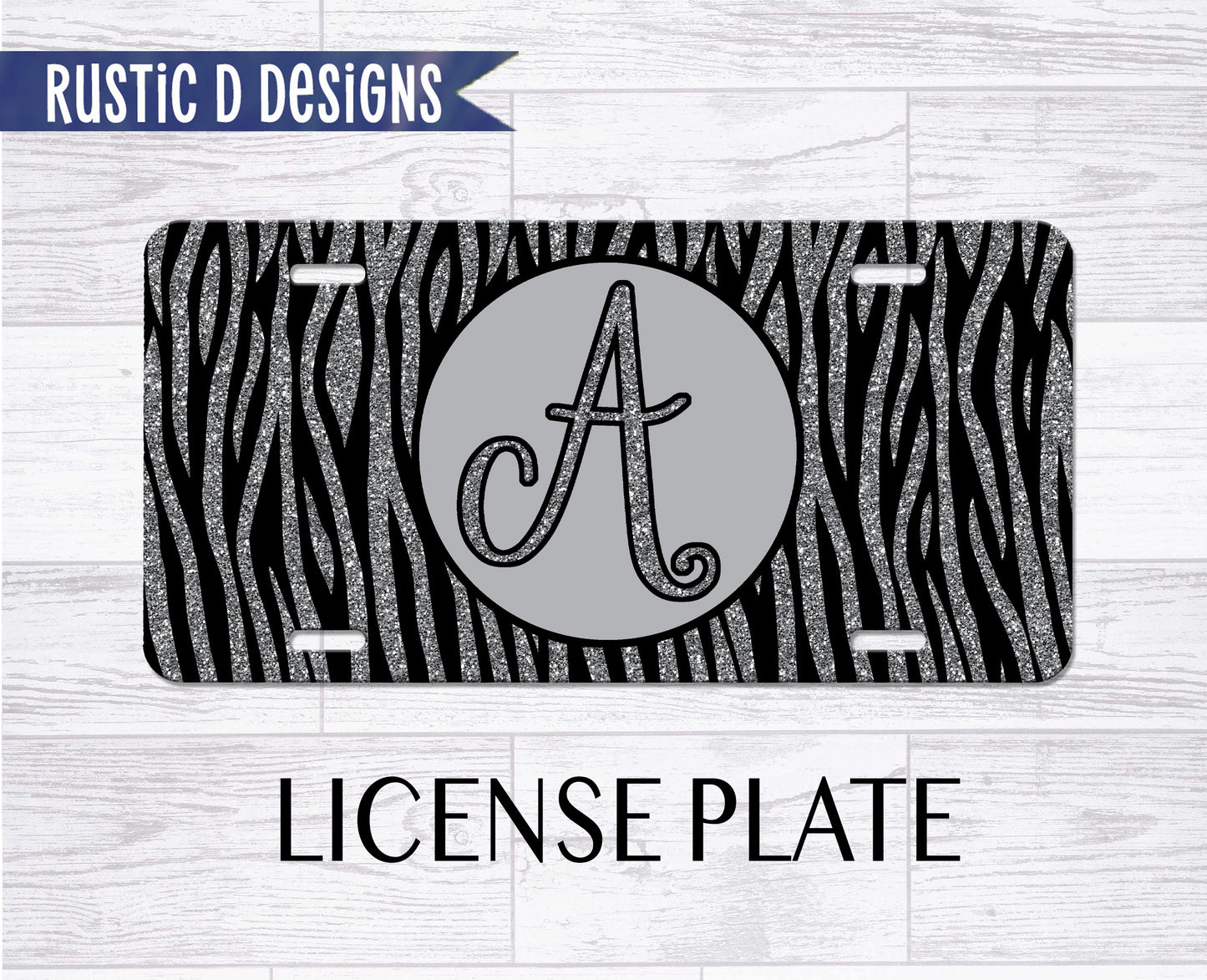 Zebra Glitter Effect Initial Personalized License Plate Auto Set