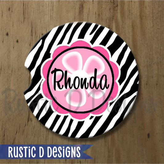 Zebra Pink Flower Personalized Sandstone Car Coaster