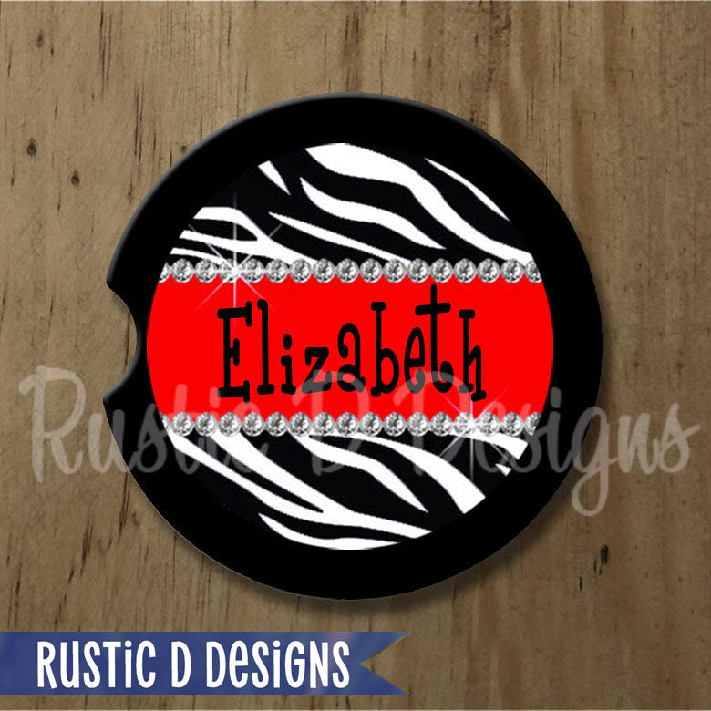 Zebra Red Bling Personalized Sandstone Car Coaster